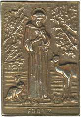 Bronze-Plakette Hl. Franziskus. 8,5 x 6 cm, mit Aufhnger