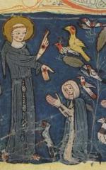 Die Predigt des heiligen Franziskus. Buchmalerei: Zisterzienser-Graduale Wonnental, 1330