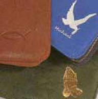 Symbolprgung auf eine Buchhlle. Fisch, Taube, Kreuz oder Betende Hnde in Gold-, Silber- oder als Blindprgung (ohne Farbe)